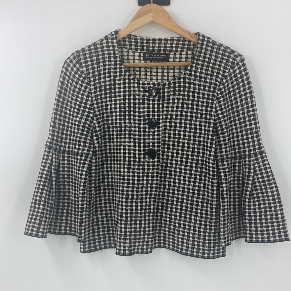 Jones NY houndstooth black and white check bell sleeve jacket petite small